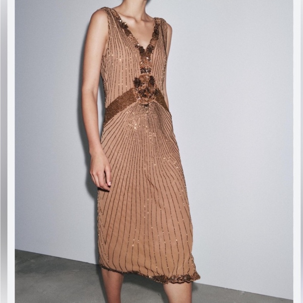 Zara Tan Embellished Midi Dress